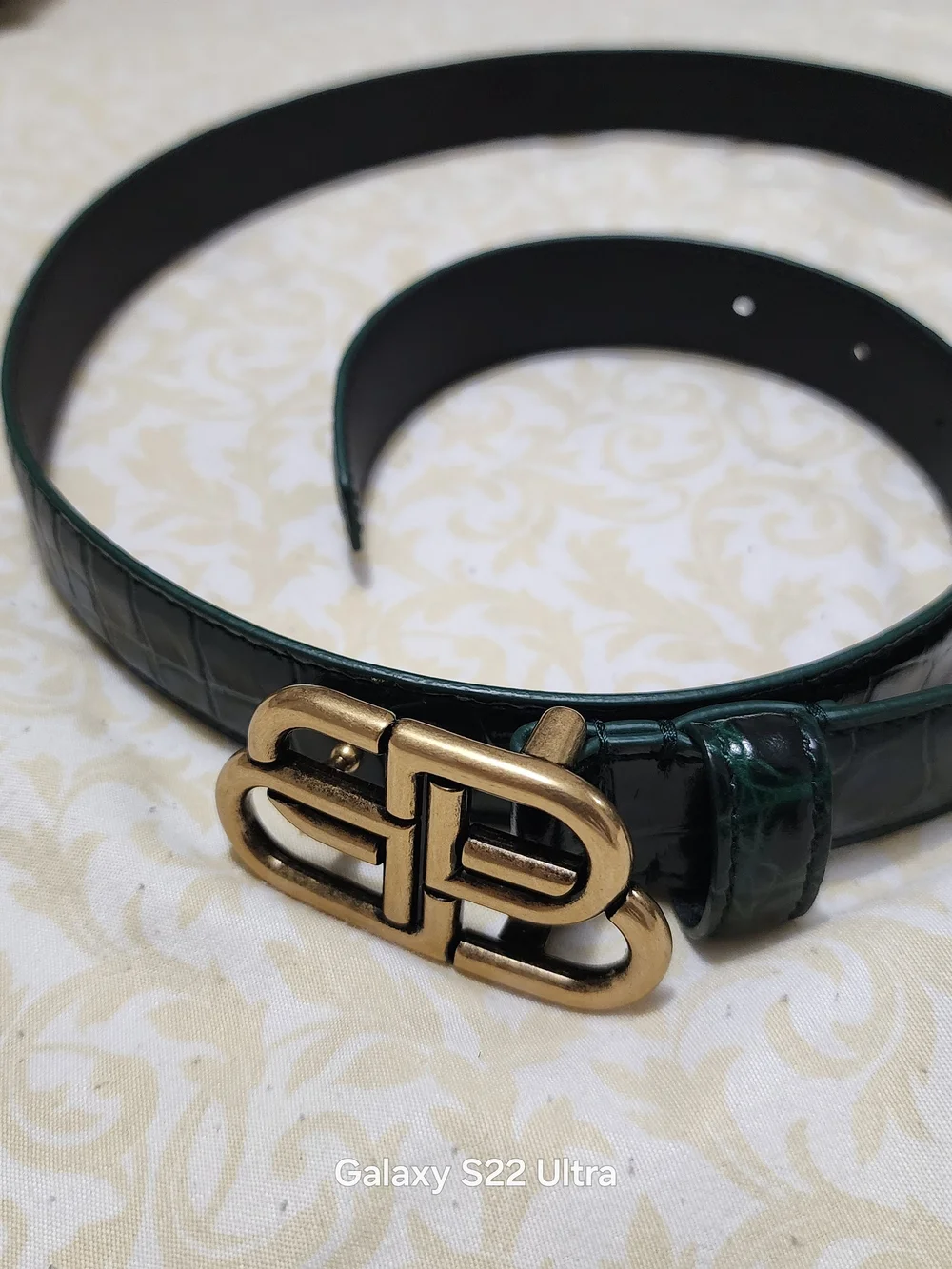 Balenciaga Black Leather Belt with Dark Green Croc-Accent and Gold Buckle